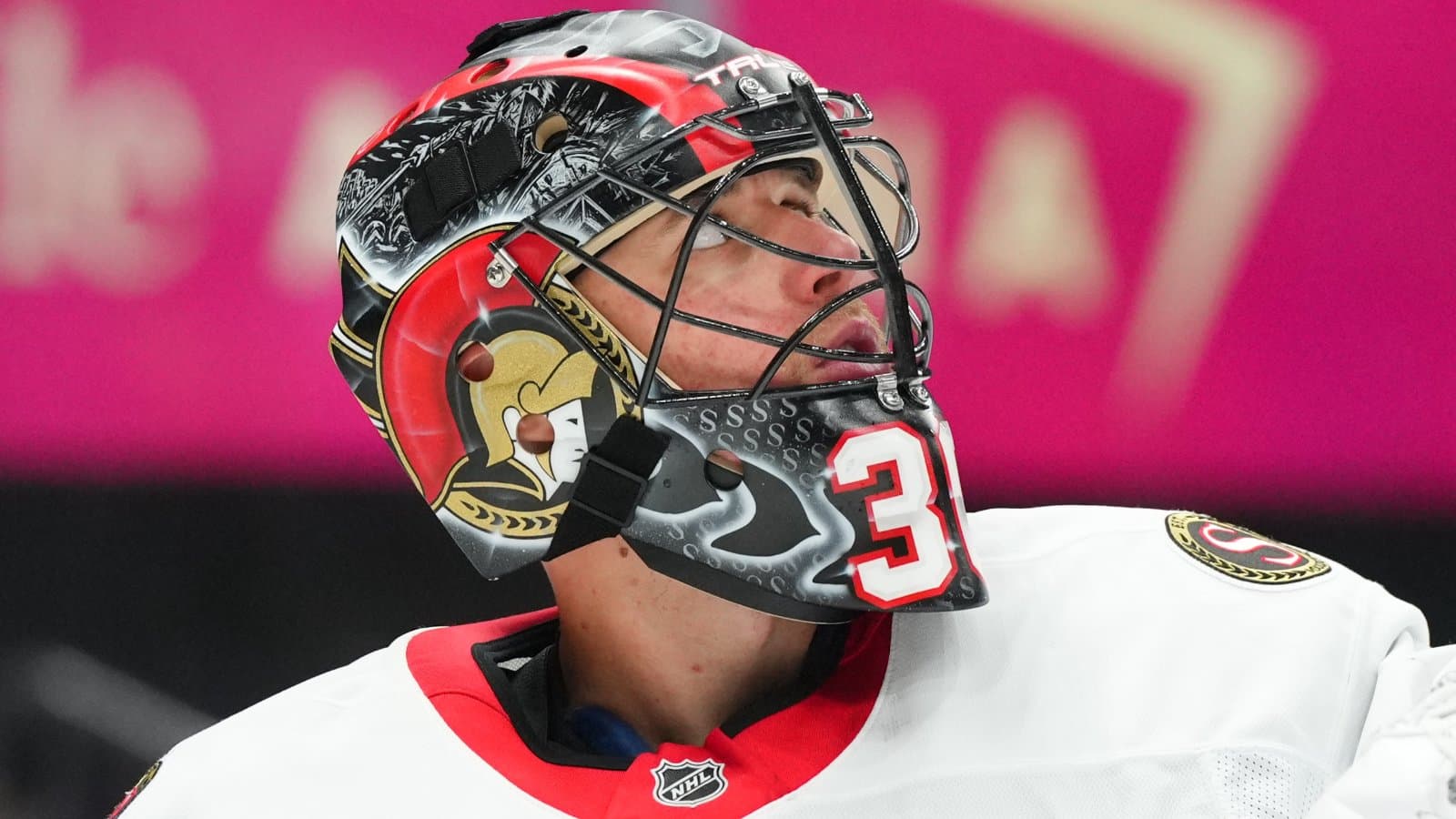 Ottawa Senators goaltender Jonas Johansson (31) looks on in the third period against the Vegas Golden Knights at T-Mobile Arena.