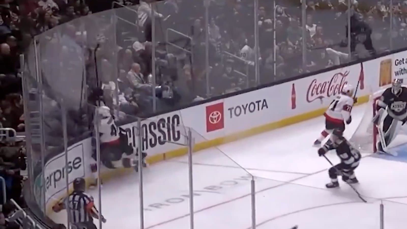 Ottawa Senators forward Hayden Hodgson delivers a hit on Los Angeles Kings defenceman Brandt Clarke during Thursday night's game in Los Angeles. Hodgson received a two-game suspension for boarding.