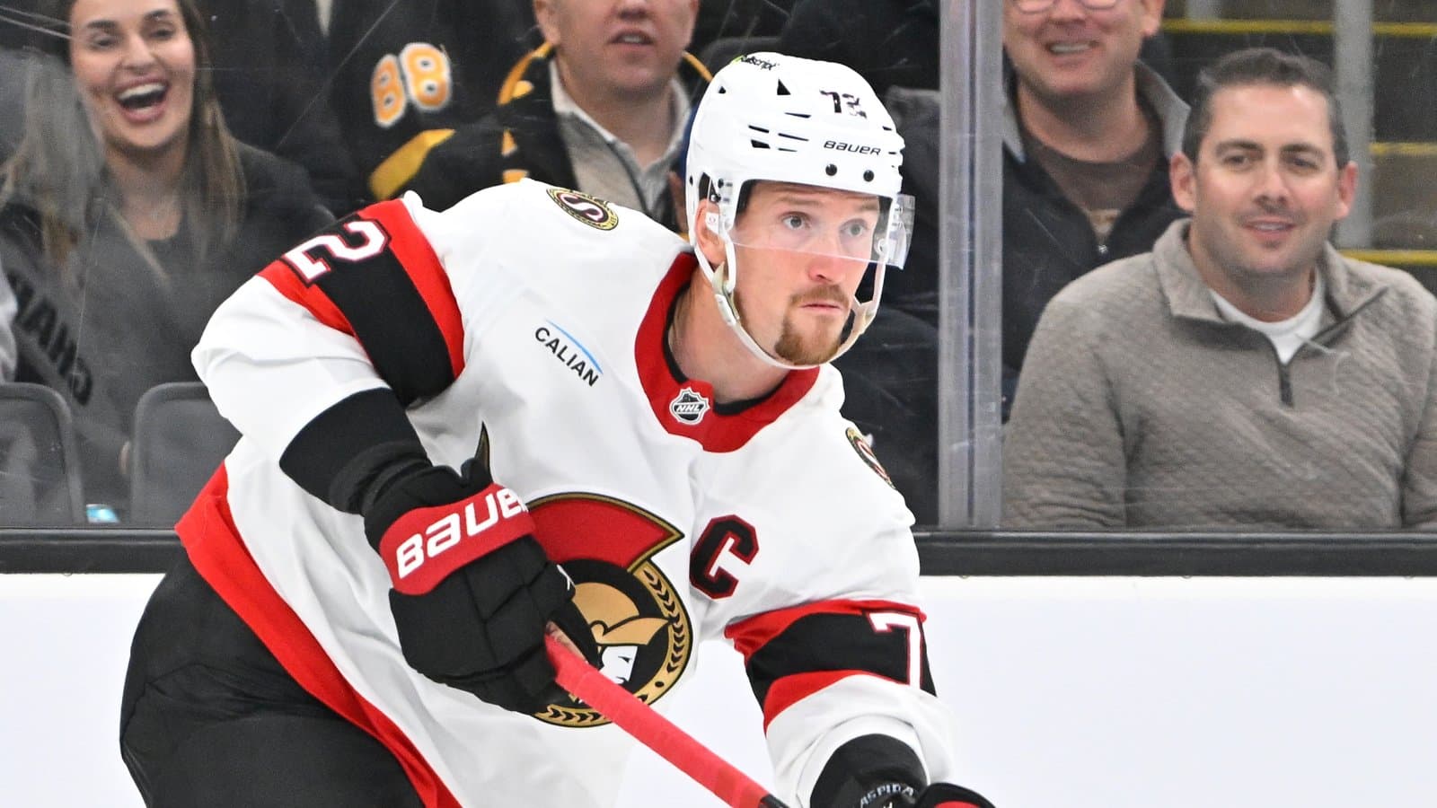 Ottawa Senators defenseman Thomas Chabot (72) passes the puck against the Ottawa Senators during the third period at TD Garden. Mandatory